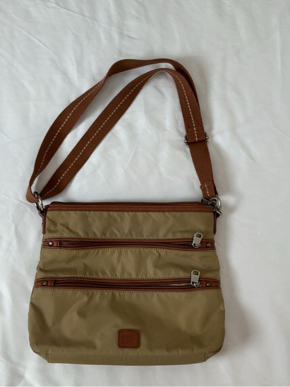 The Sak Tan Crossbody Messenger Bag with Brown Strap